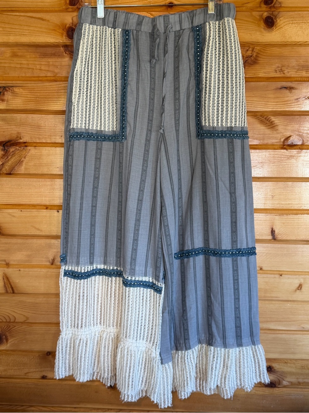 POL Blue Striped Wide-Leg Pants with Cream Crochet Trim